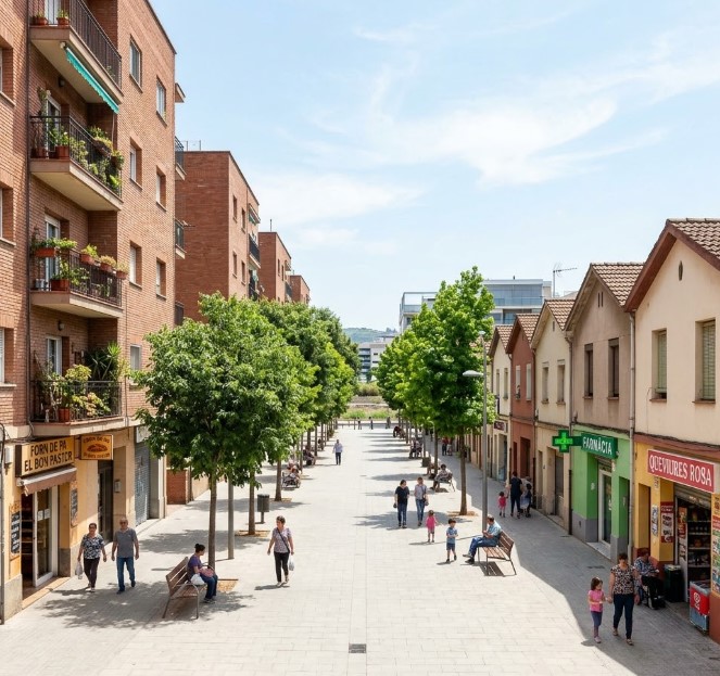 Vistas de las calles, plazas y vida vecinal en El Bon Pastor, Barcelona